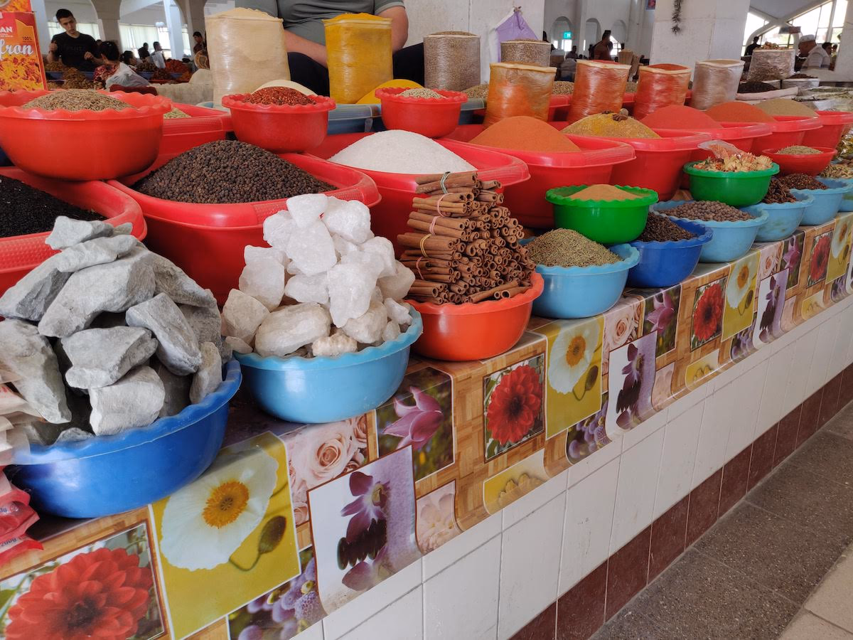 Typical offerings at a market in Uzbekistan.