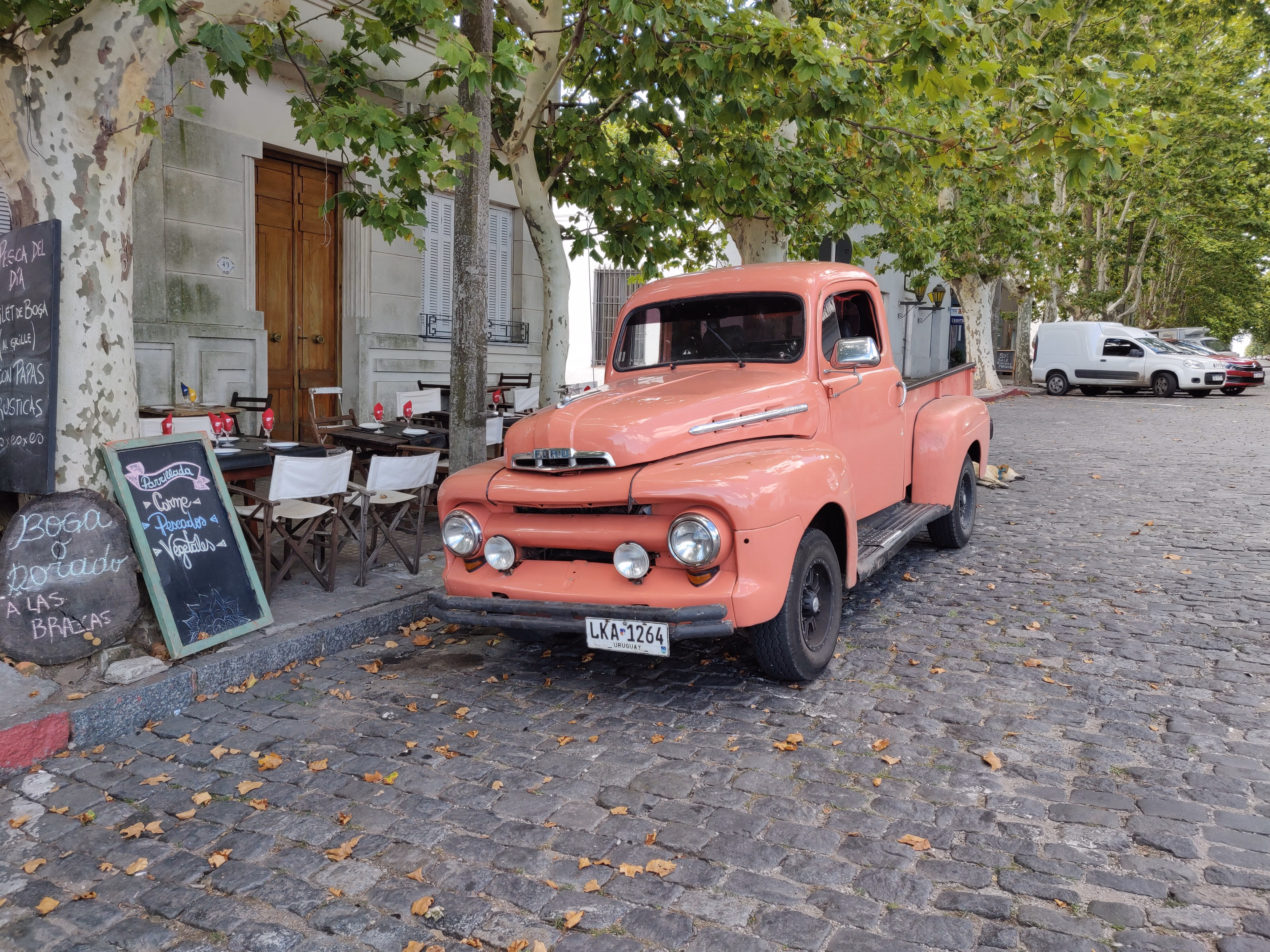 A dusty-rose Ford pickup outside a parrilla — white café chairs, a chalkboard menu and grilled dorado advertised on a painted stone.