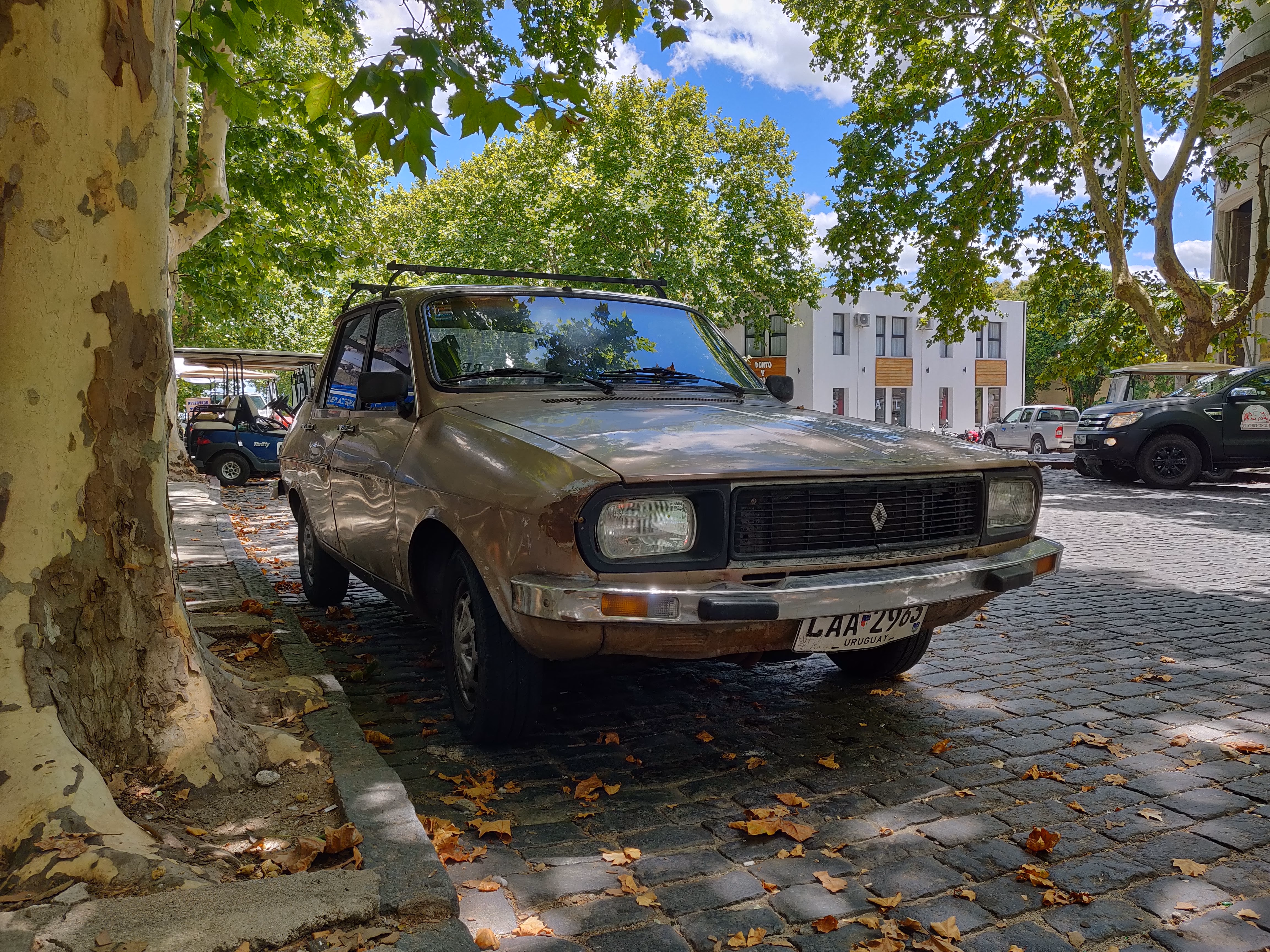 A bronze Renault 12 with a roof rack parked on cobbles — rust on the fender, white colonial houses and plane trees behind.