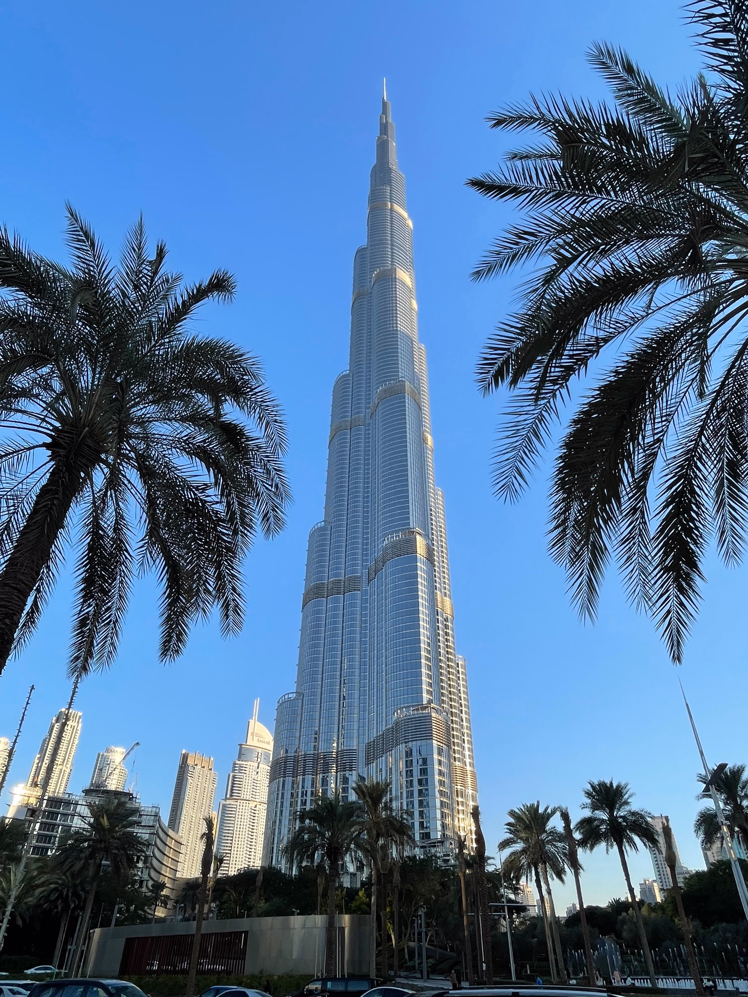 The Burj Khalifa rises between palm fronds — tiered glass and steel tapering to a needle against a clear desert sky.