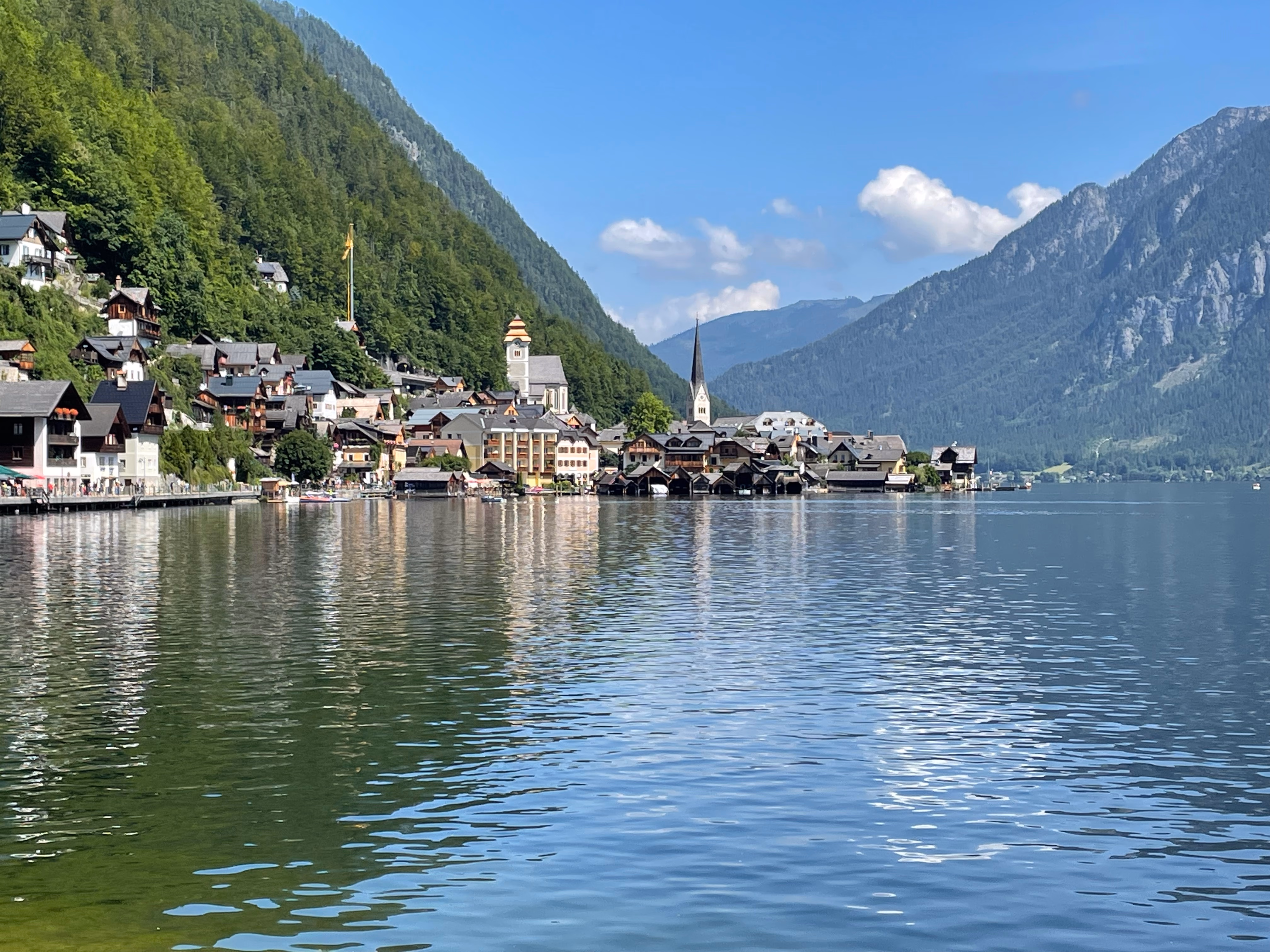 Hallstatt village on the lake with mountains behind