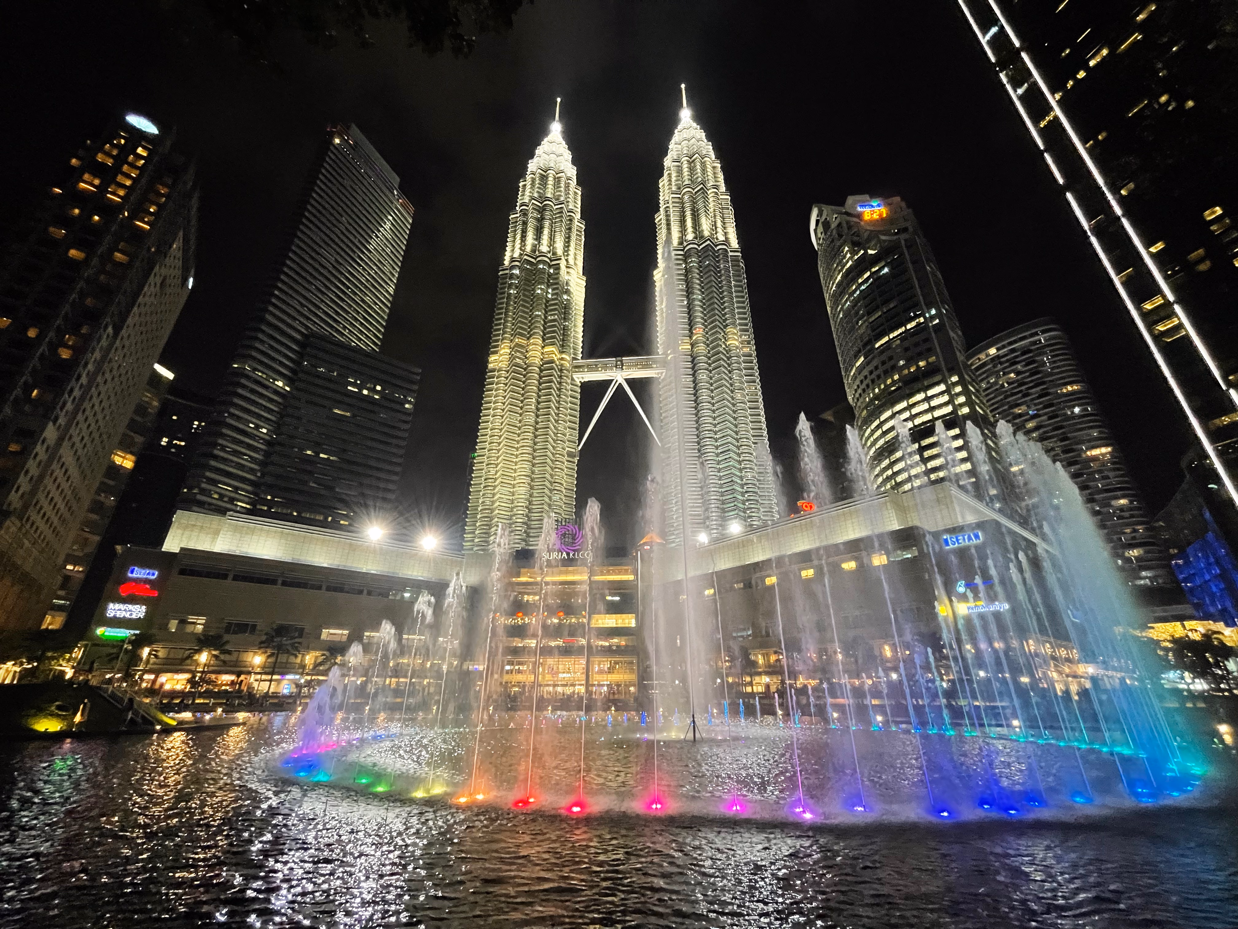 The Petronas Towers at night.