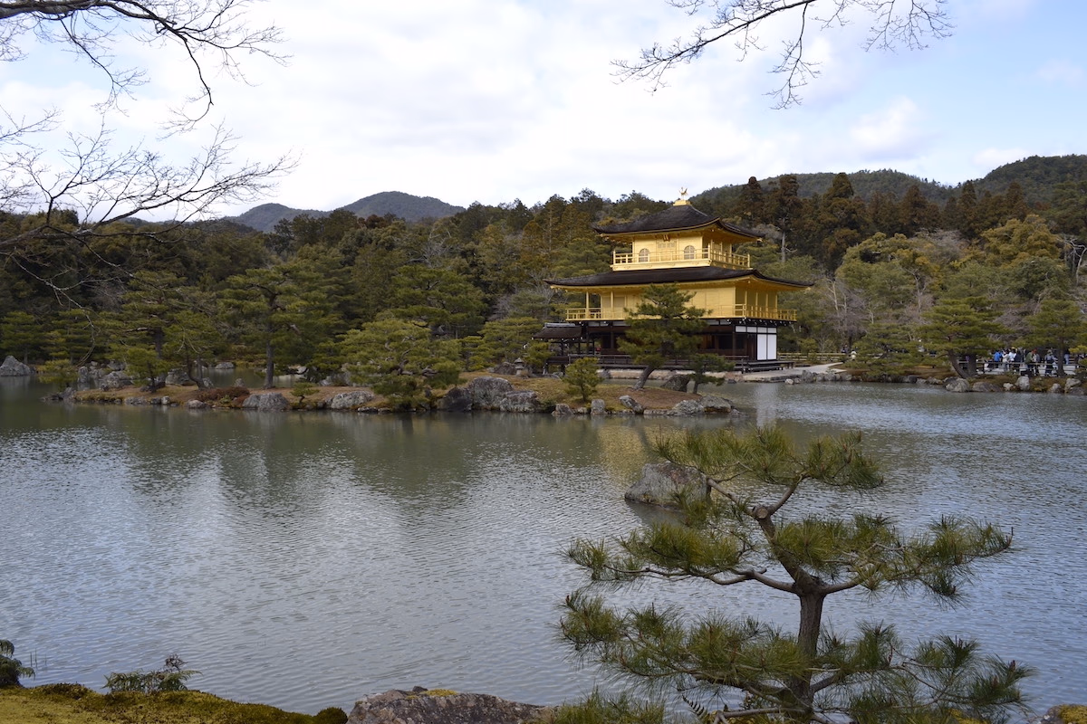 Golden temple in the middle of a garden around a pond