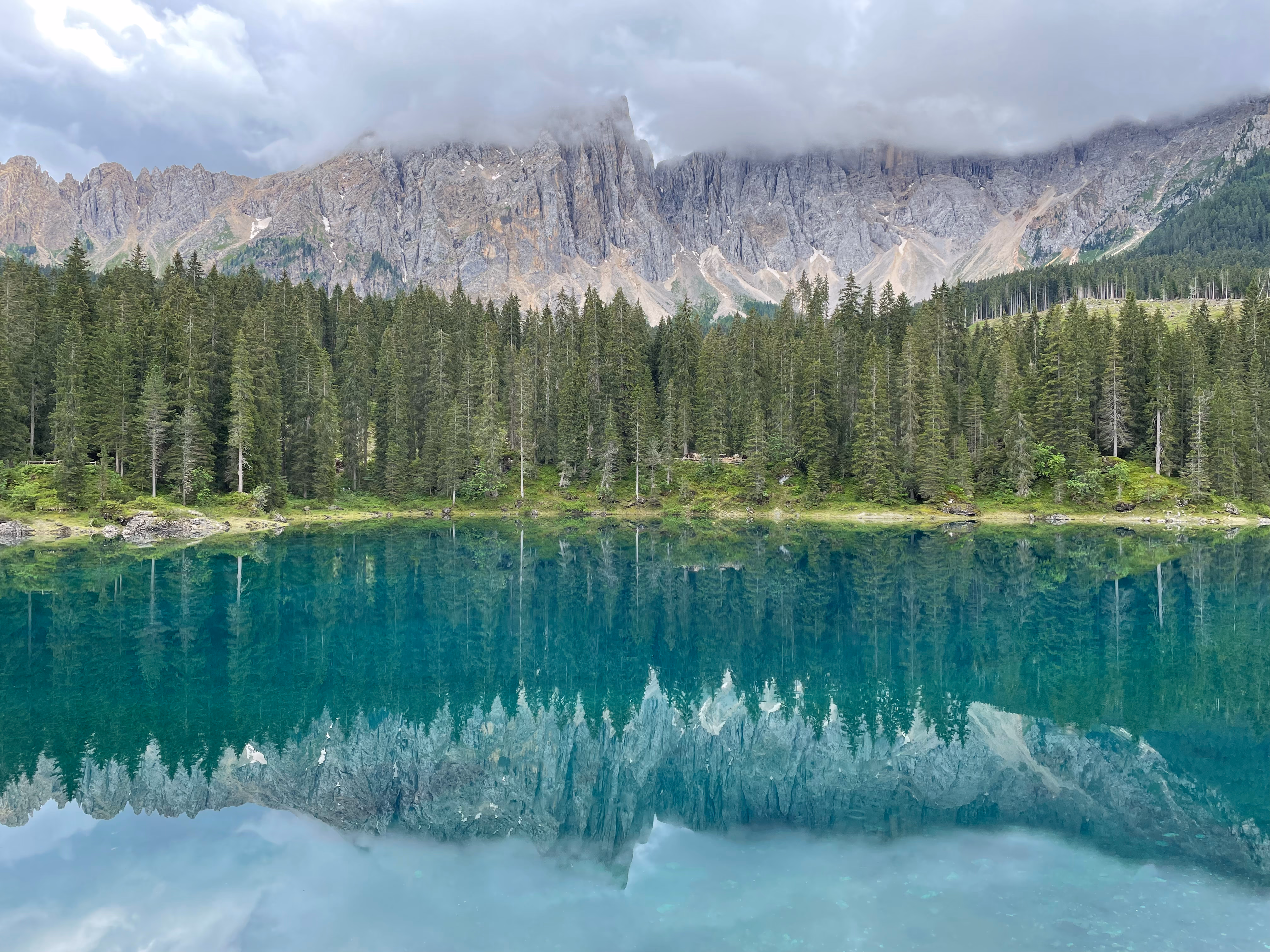 Lago di Carezza with the Latemar group in the background
