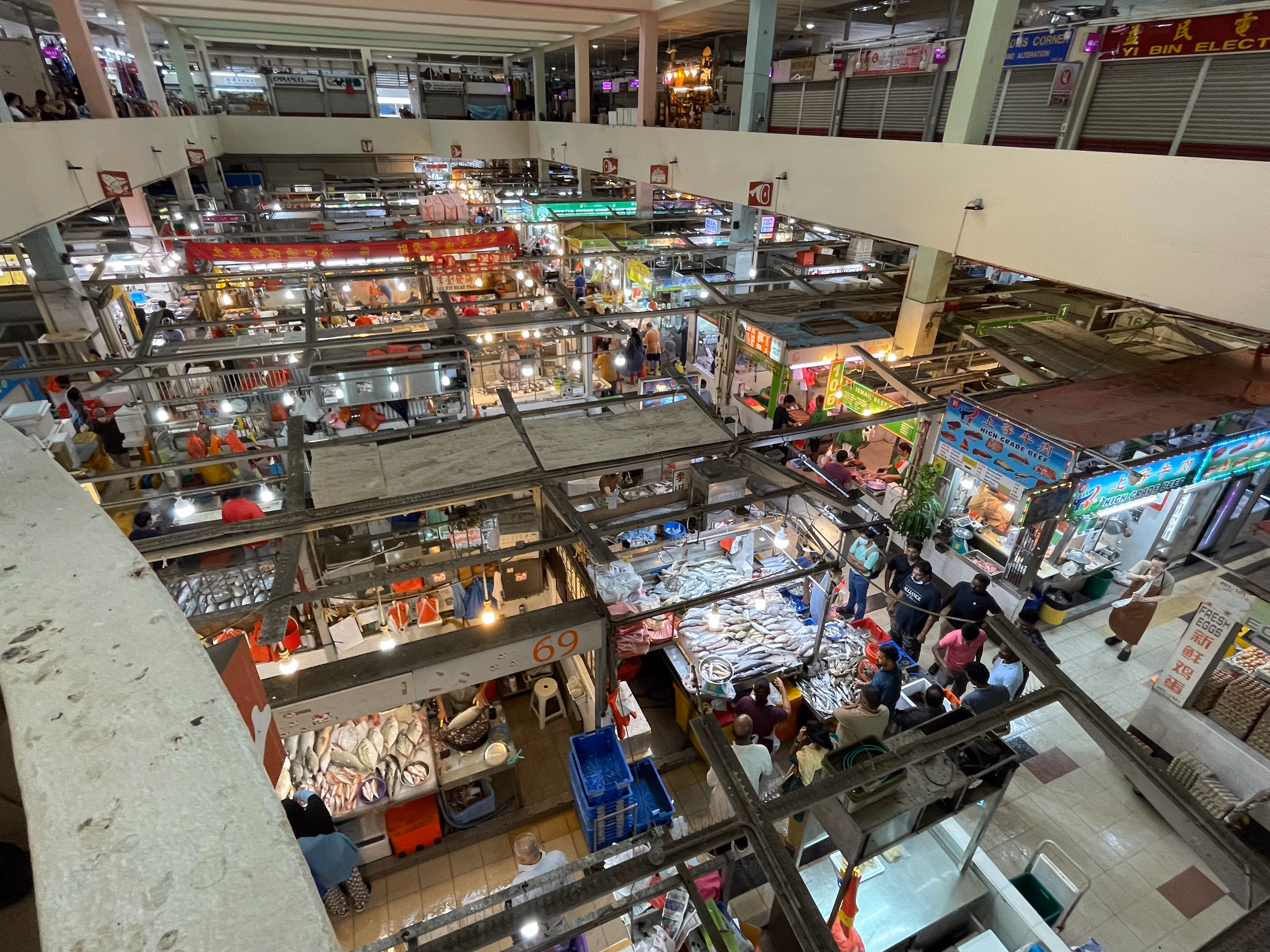 Looking down over the stalls of the market in Little India, Singapore.
