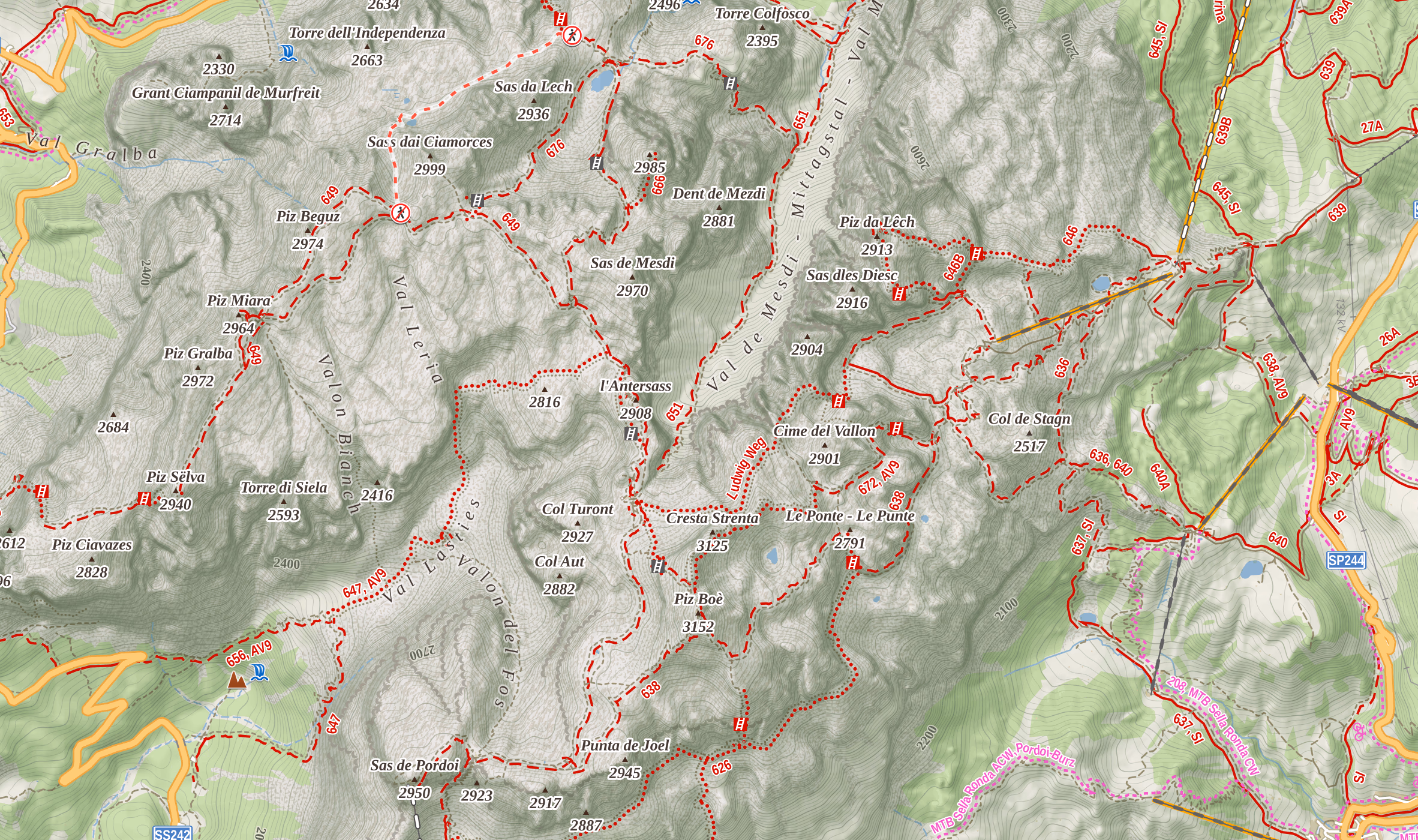 A snapshot from mapy.com from the Sella moutain group.