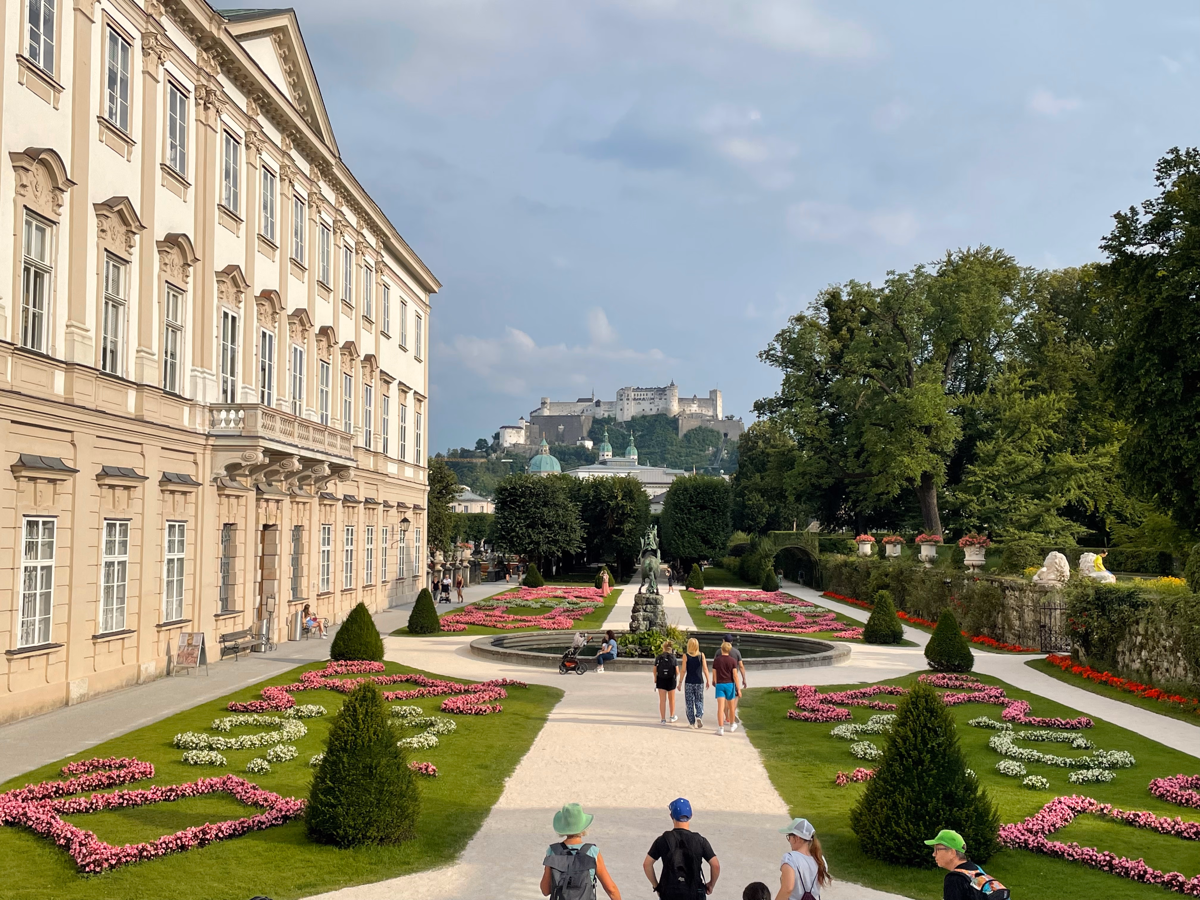 Mirabellgarten in Salzburg with a view over the city and the Salzach river