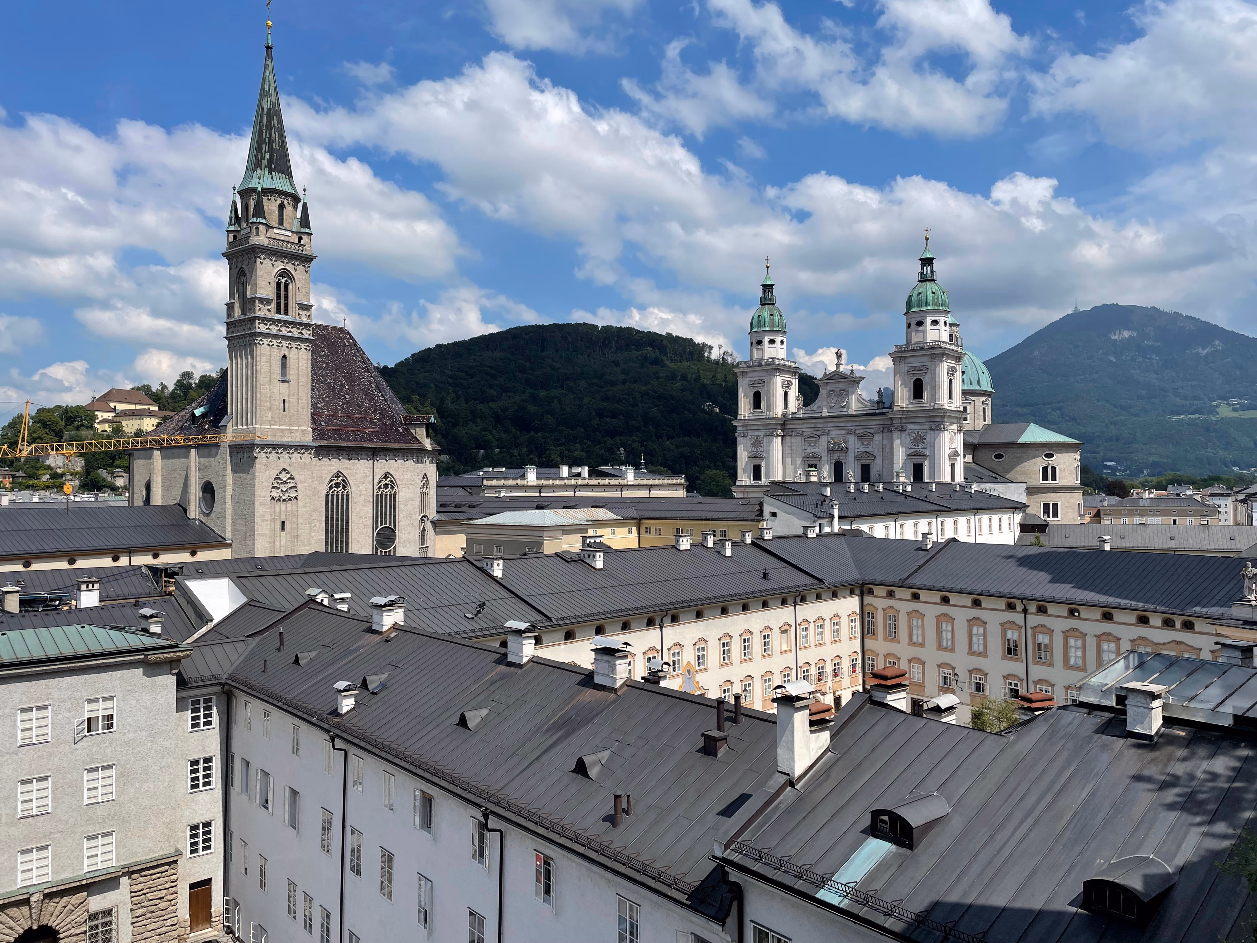 Salzburg old town with church spires and Hohensalzburg fortress on the hill