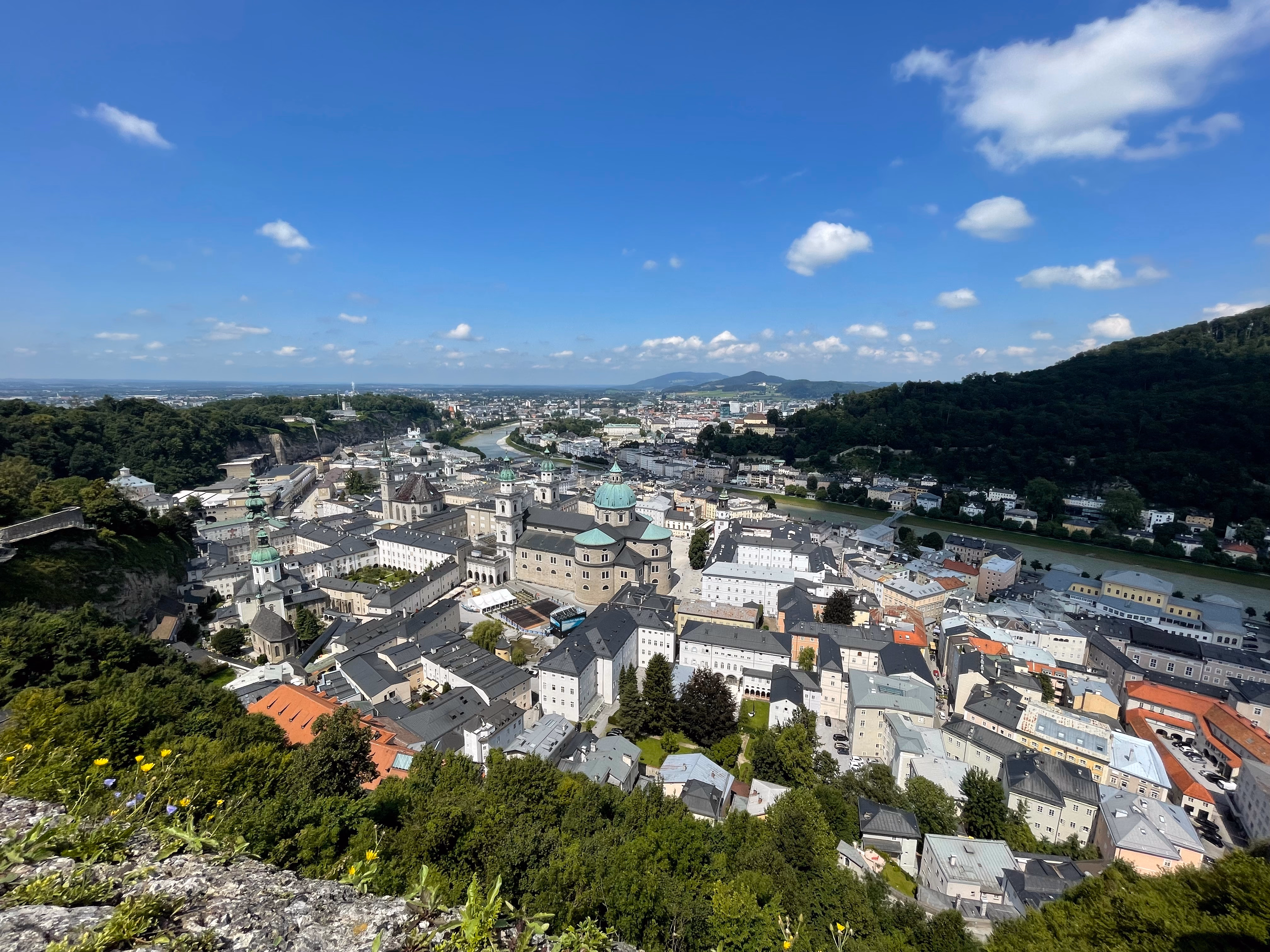 Salzburg old town with church spires and Hohensalzburg fortress on the hill