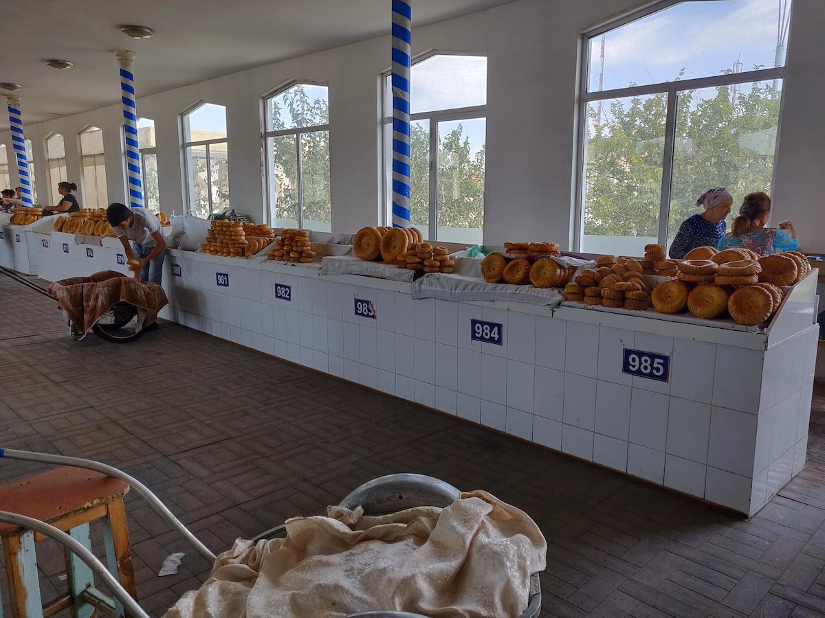 Bread stand at the local market in Tashkent.