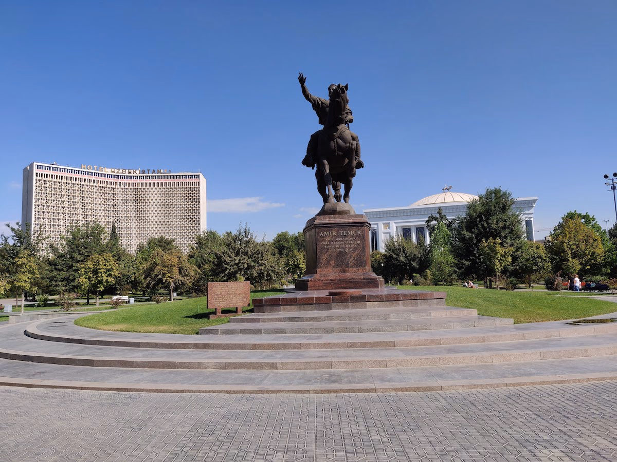 The statue of Amir Timur and the iconic Hotel Uzbekistan.