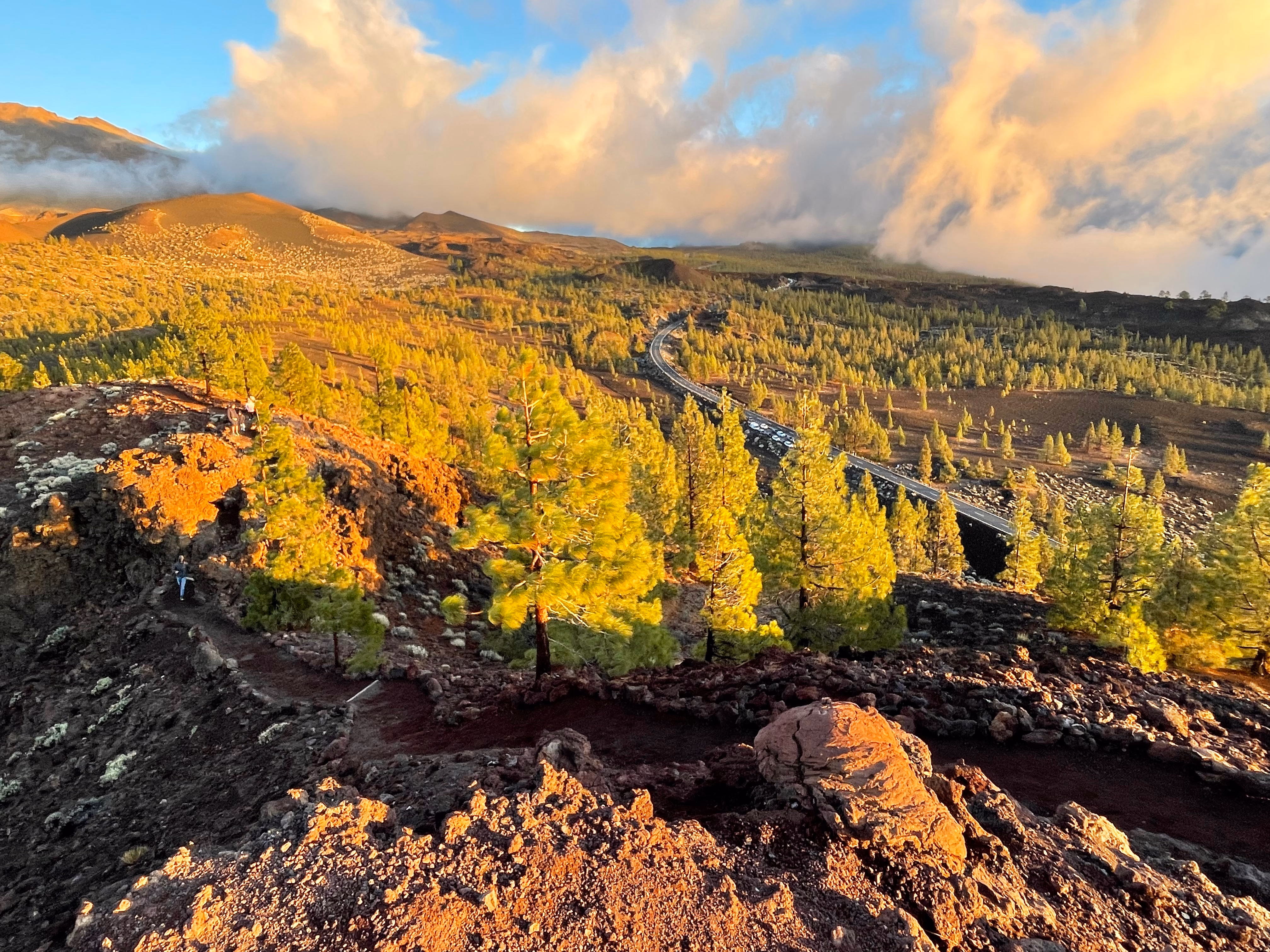 A paved road curves through sunlit pines below a thick cloud bank — rocky trail in the foreground, hikers tiny on the ridge, the valley falling into shadow.