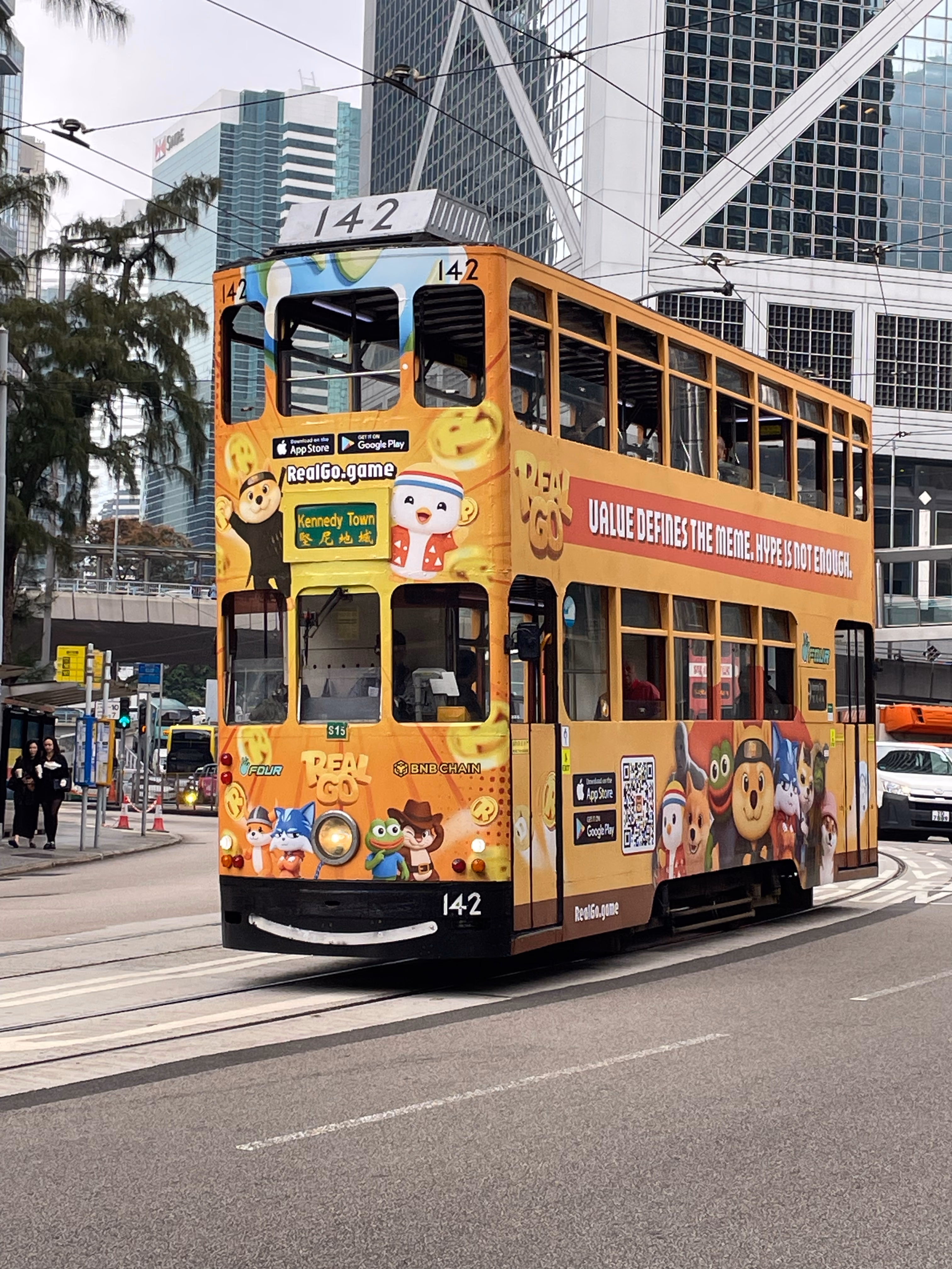A classic double-decker Hong Kong tram.