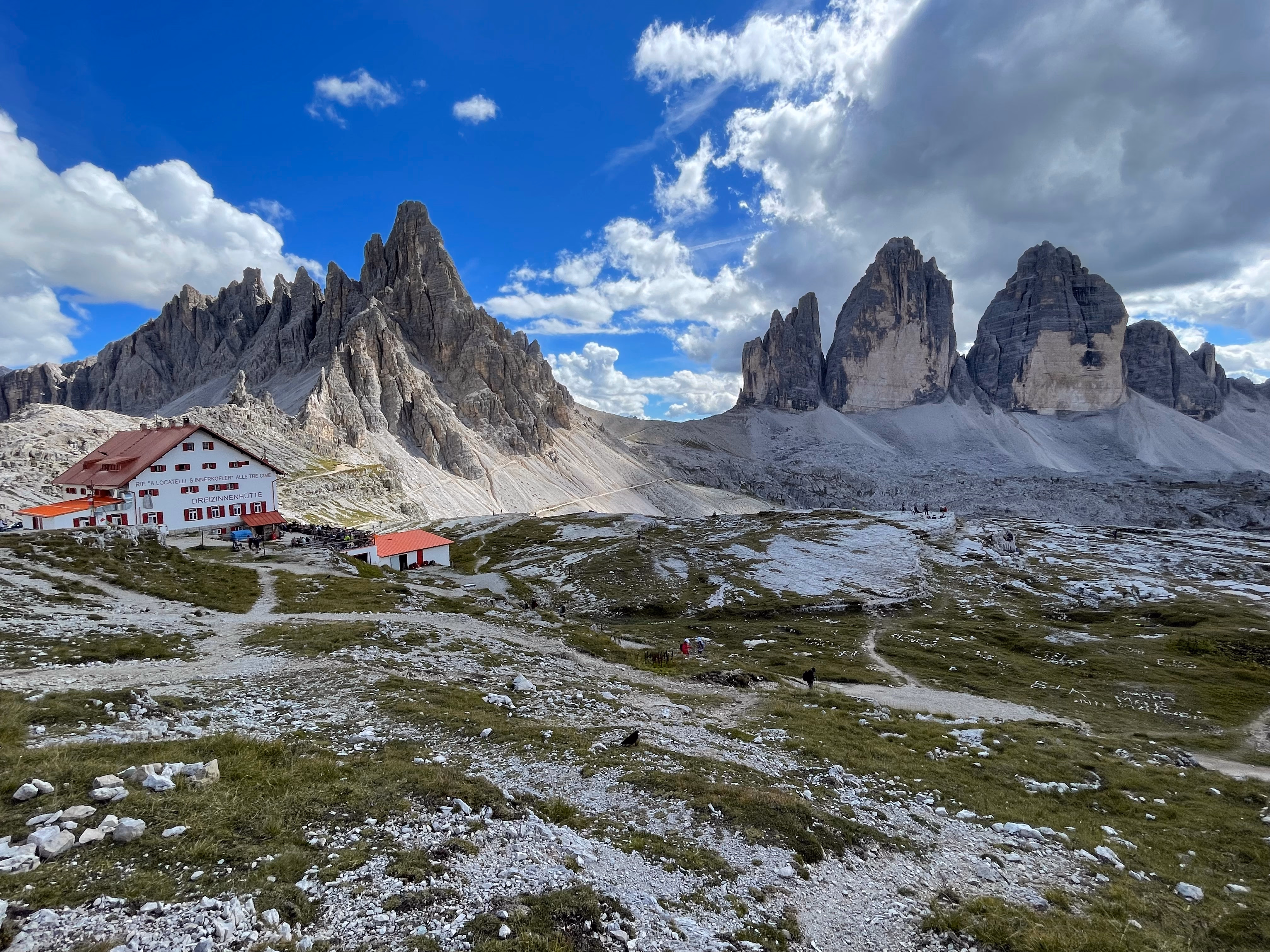Tre Cime di Lavaredo peaks and the Locatelli hut on the left side