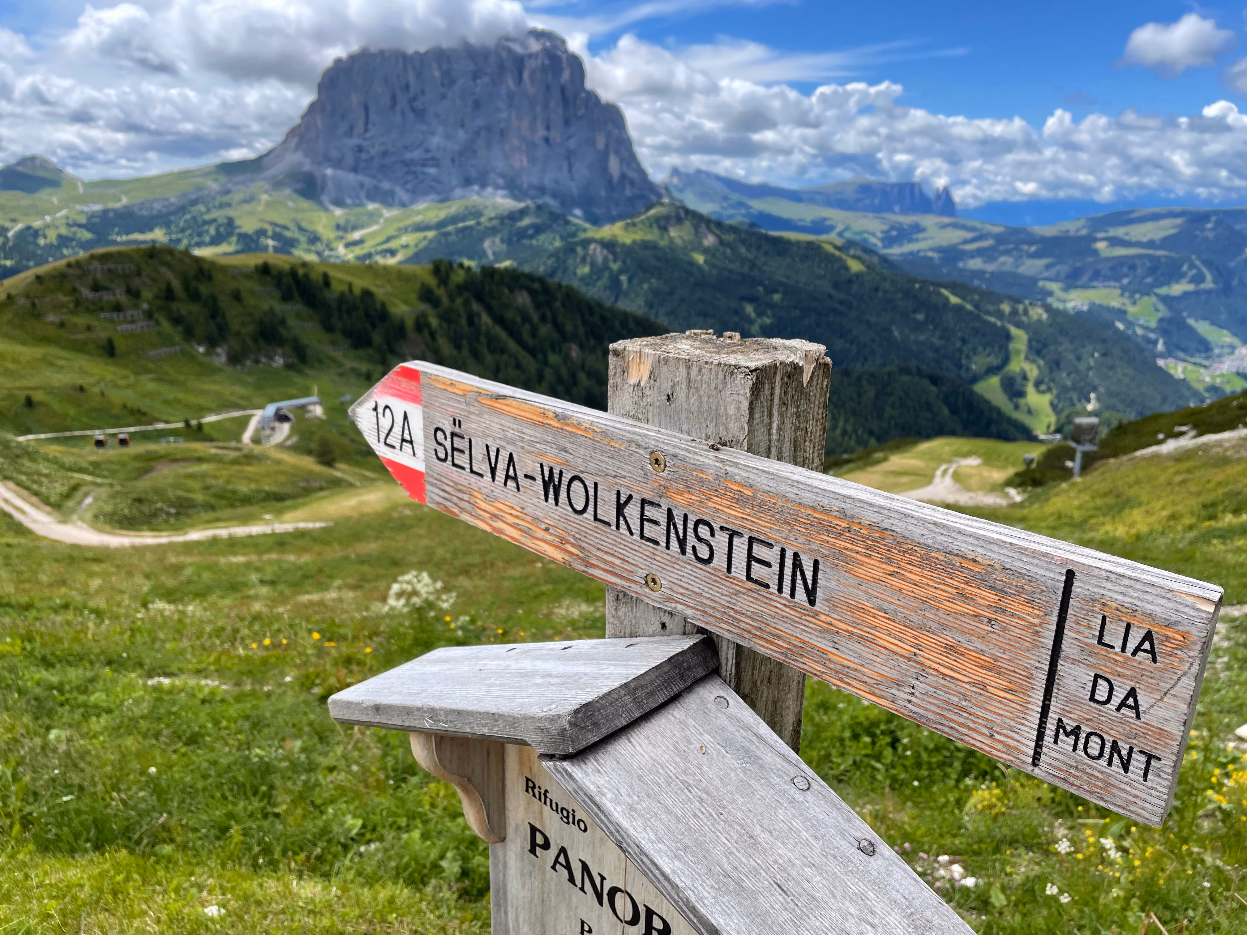Val Gardena valley with meadows and Dolomite peaks